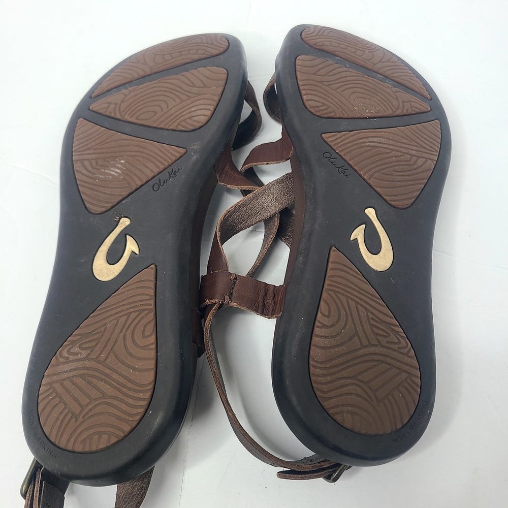 Olukai Upena Sandals Women's 9 Brown Leather Toe Loop Criss Cross Strappy - Picture 8 of 9